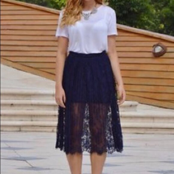 Dark Academia Gothic Romantic Partially Sheer Navy Lace Midi Skirt Whimsigoth - Picture 2 of 11